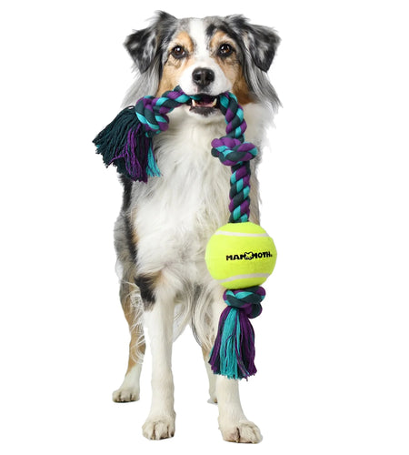 Flossy Chews Cottonblend 3 Knot Tug Rope Dog Toy with 3” Tennis Ball, Medium 20", Assorted Colors