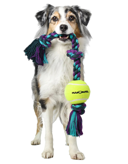 Load image into Gallery viewer, Flossy Chews Cottonblend 3 Knot Tug Rope Dog Toy with 3” Tennis Ball, Medium 20", Assorted Colors
