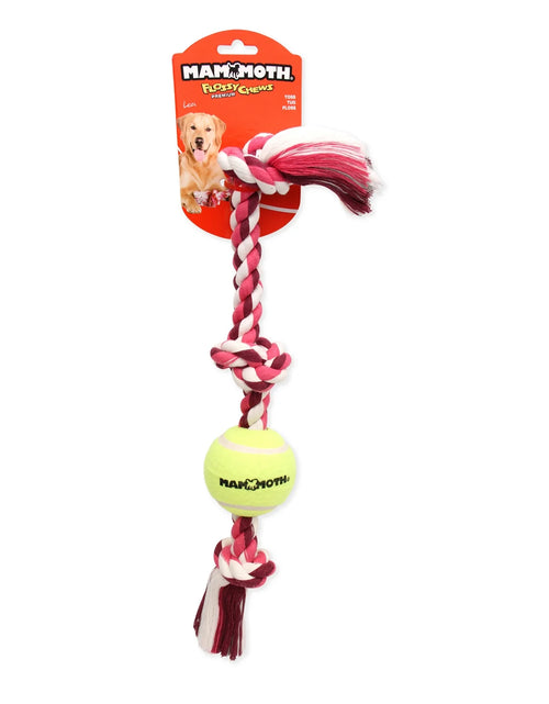 Load image into Gallery viewer, Flossy Chews Cottonblend 3 Knot Tug Rope Dog Toy with 3” Tennis Ball, Medium 20", Assorted Colors
