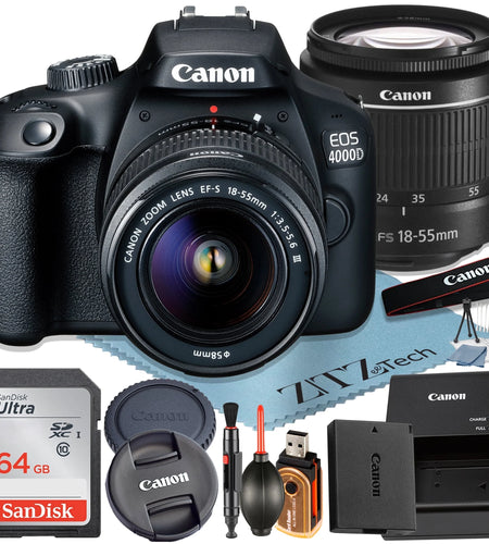 Canon EOS 4000D / Rebel T100 DSLR Camera + EF-S 18-55Mm Lens + Sandisk 64GB Memory Card +  Bundle (International Model)