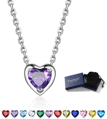 Silver Necklace for Women 925 Sterling Silver Birthstone Love Heart Necklace Birthday Women Gifts