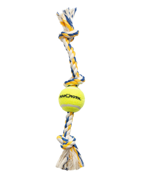 Load image into Gallery viewer, Flossy Chews Cottonblend 3 Knot Tug Rope Dog Toy with 3” Tennis Ball, Medium 20", Assorted Colors
