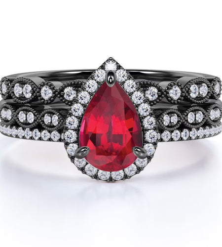 1.75 Carat Teardrop Vintage Simulated Ruby Trio Set in 18K Black Gold over Silver