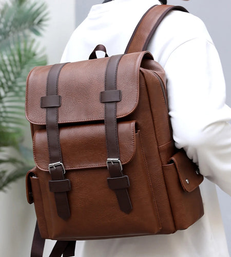 Brown Leather Laptop Backpack for Men, Work Business Travel Office Backpack College Bookbag, Casual Waterproof Computer Backpack Fits Notebook 15.6 Inch