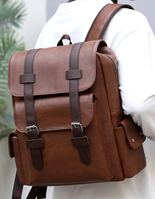 Load image into Gallery viewer, Brown Leather Laptop Backpack for Men, Work Business Travel Office Backpack College Bookbag, Casual Waterproof Computer Backpack Fits Notebook 15.6 Inch
