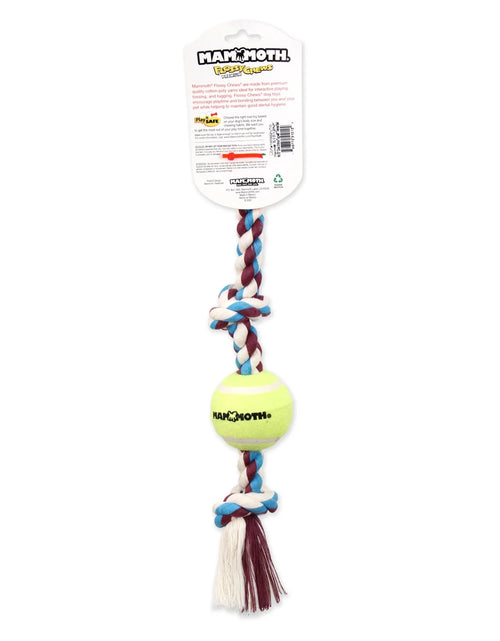 Load image into Gallery viewer, Flossy Chews Cottonblend 3 Knot Tug Rope Dog Toy with 3” Tennis Ball, Medium 20", Assorted Colors
